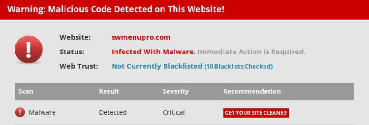 Sucuri SiteCheck swmenupro.com